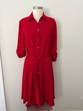 LRL Crimson Red Button-Front Midi Georgette Shirt Dress Tie Waist 6 Quiet Luxury